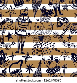 Gold Christmas vector seamless Nutcracker pattern. Seamless pattern can be used for wallpaper, pattern fills, web page background, surface textures.