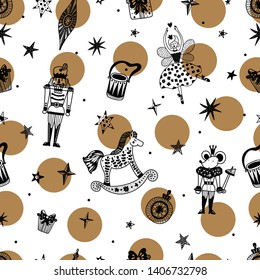Gold Christmas vector seamless Nutcracker pattern.  Seamless pattern can be used for wallpaper, pattern fills, web page background, surface textures.
