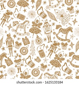 Gold Christmas vector seamless Nutcracker pattern.  Seamless pattern can be used for wallpaper, pattern fills, web page background, surface textures.