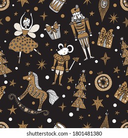 Gold Christmas vector seamless Nutcracker pattern.  Seamless pattern can be used for wallpaper, pattern fills, web page background, surface textures.