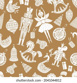 Gold Christmas vector seamless Nutcracker pattern.  Seamless pattern can be used for wallpaper, pattern fills, web page background, surface textures.