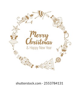 Gold Christmas wreath with cute motifs from the ballet Nutcracker. Vector template. Retro design.