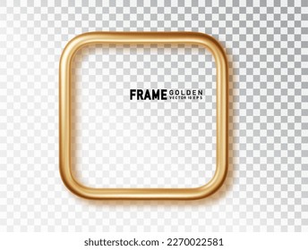 Gold chrome frames soft corner square with shadows isolated on transparent background. Golden luxury realistic border.