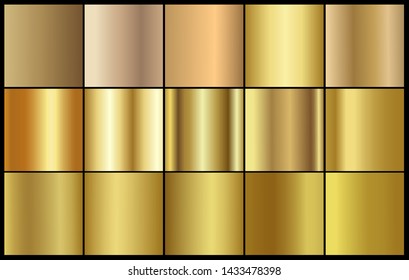 Gold chrome metal texture vector icon set. Shiny golden brushed vector metallic gradient background for banner, ribbon, label, medal, button, money. Gold abstract background chrome gradient template