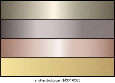 Gold chrome metal texture vector icon set. Shiny golden brushed vector metallic gradient background for banner, ribbon, label, medal, button, money. Gold abstract background chrome gradient template