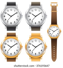 Gold and chrome watches, classic design expensive watch set. Vector illustration