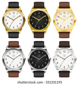 Gold and chrome watches, six classic design expensive watch set. Vector illustration.