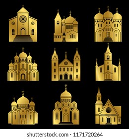 Gold church icons. Vector basilica and chapel building isolated on black background, vector illustration