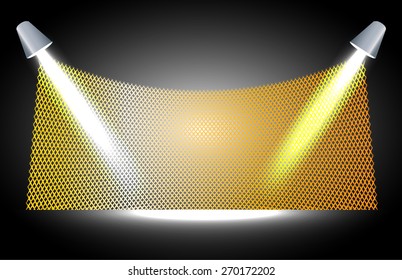 gold cinema screen for movie presentation. Light Abstract Technology background for computer graphic website internet and business. black background. Pixel, mosaic, table. star. spotlight