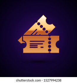 Gold Cinema ticket icon isolated on dark blue background.  Vector Illustration