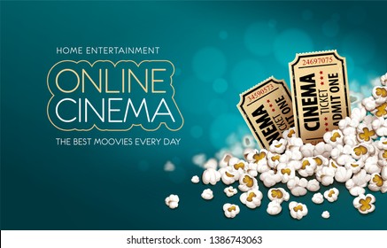 Gold cinema tickets in popcorn. Online movies banner template, poster concept, copyspacet. Container full of snacks in movie theater. Fast food for cinematography entertainment. Vector illustration.