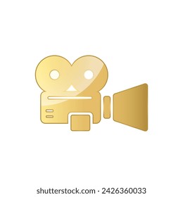 Gold cinema video camera icon isolated on white background