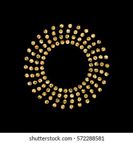 Gold circle abstract black background. Disco party mosaic round. Golden pattern for design Christmas, New Year celebration. Luxury light glitter texture. Bright metal frame. Vector illustration