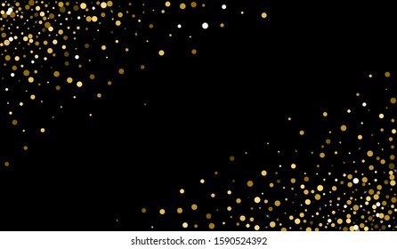 Gold Circle Anniversary Wallpaper. Transparent Circle Pattern. Effect Texture. Black Dust Isolated Background. Confetti Rich Backdrop.