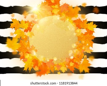 Gold circle with autumn maple leaves background. Season template for design banner, ticket, leaflet, card, poster and another. EPS 10