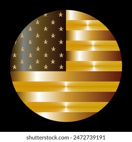 Gold circle badge USA flag button  vector illustration isolated. United States of America national symbol. Roundel USA flag banner emblem. Patriotic round sign. Wealth and prosperity strong economy.