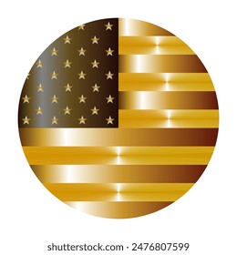 Gold circle badge USA flag button  vector illustration isolated. United States of America national symbol. Roundel USA flag banner emblem. Patriotic round sign. Wealth and prosperity strong economy.