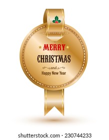 Gold circle banner with merry christmas and happy new year text. Vector illustration.