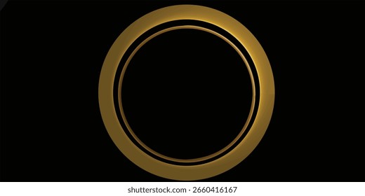 Gold circle black background. Blank space for picture, painting, card or photo. 3d realistic modern circle template vector illustration. Simple golden object mockup.