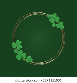 Gold circle border frame with shamrocks on green background Decorative element for creative St. Patrick's Day design tasks Vector illustration