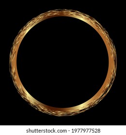 Gold circle brush stroke. Round frame of gold on a black background. Tested gold border on dark background.