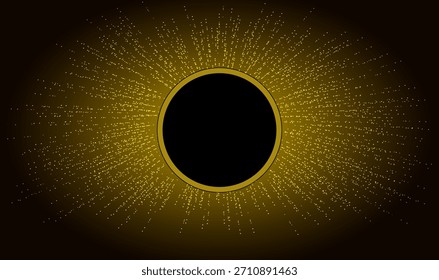 Botón dorado circular sobre negro con partículas brocadas brillantes alrededor, Ilustración vectorial.
