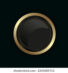 Botón de círculo dorado, banner premium sobre fondo oscuro, botón dorado en la ilustración del vector marco dorado redondo. diseño de elemento de insignia de círculo abstracto aislado en fondo negro