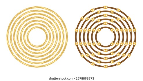 Gold circle chain and belt set. Vector necklace. 