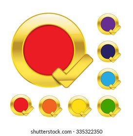 Gold circle and check mark blank icons isolated on white background vector illustration
