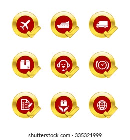 Gold circle and check mark with logistic and transport icons isolated on white background vector illustration