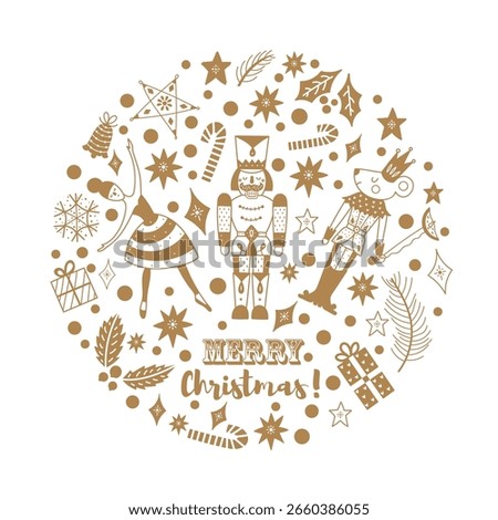 Gold Сhristmas circle composition in Scandinavian style with traditional Christmas and New Year elements. Сute motifs from the ballet Nutcracker. Vector template. Retro design. Gift boxes