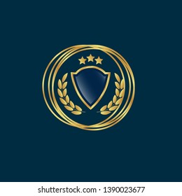gold circle emblem with gold shield. glossy emblem. seal,label.gold logo