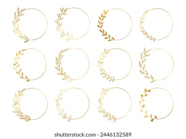 Gold circle floral frames. Ornaments botanical wreath with leaf and plants. Vintage round flower border. Decorative elements for emblems, cards design. Vector set. Romantic flourish rings