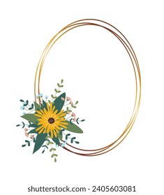 Gold circle frame with arrangement. Greeting card with free space for text. Perfect for wedding invitation cards, luxury templates. Vector illustration.