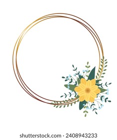 Gold circle frame with arrangement. Greeting card with free space for text. Perfect for wedding invitation cards, luxury templates. Vector illustration.