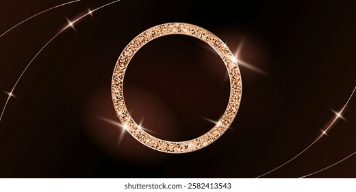 Gold circle frame with blinks and glitters, award ceremony background, empty border for texts and images, golden ring on the black background. Vector illustration.