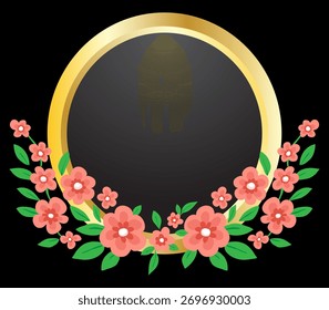 Quadro de círculo dourado com decoração floral elegante sobre fundo preto