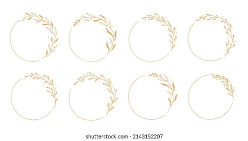 Gold circle frame, elegant wreath round border. Hand drawn doodle sketch style. Floral circle frame, flourish design element for wedding, greeting card. Vector illustration.