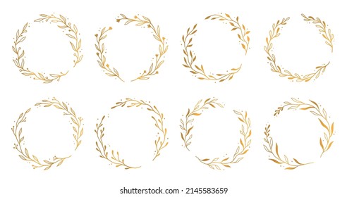 Gold circle frame, elegant wreath round border. Hand drawn doodle sketch style. Floral circle frame, flourish design element for wedding, greeting card. Vector illustration.