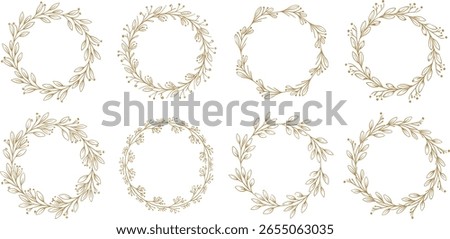 Gold circle frame, elegant wreath round border. Hand drawn doodle sketch style. 