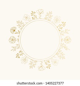 Gold circle frame with flowers and leaves. Golden wedding element. Holiday design.