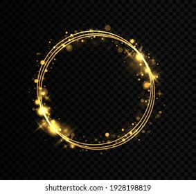 Gold circle frame with glitter light effect. A golden flash flies in a circle in a luminous ring.