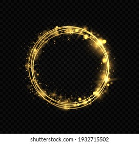 Marco de círculo dorado con efecto de luz brillante. Un destello dorado vuela en círculo en un anillo luminoso.