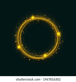 Gold circle frame with glitter light effect. A golden flash flies in a circle in a luminous ring.