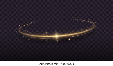 Gold circle frame with glitter light effect. A golden flash flies in a circle in a luminous ring.