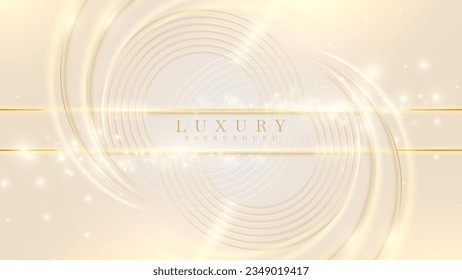 Gold circle frame with glitter light effects decoration and bokeh. Luxury cream color modern art background.