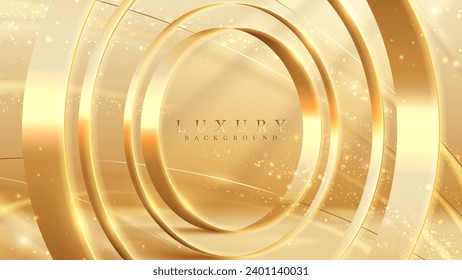 Gold circle frame with glitter light effects and bokeh on luxury background.