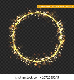 Gold circle frame with glowing lights and sparkle bokeh effects, isolated on transparent background. Shining golden round. Luxury premium design template.