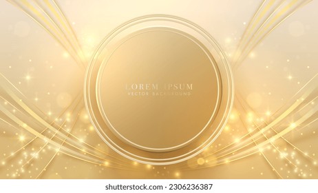 Gold circle frame with golden lines curve, glitter light effects and bokeh decoration. Luxury style background vector design