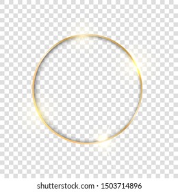 Gold circle frame. Golden luxury glow line round border. Gold shiny glowing vintage frame with shadows isolated on transparent background.